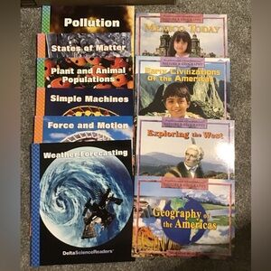 4 Pearson Learning & Core History & Geography books and 6 Delta Science Readers
